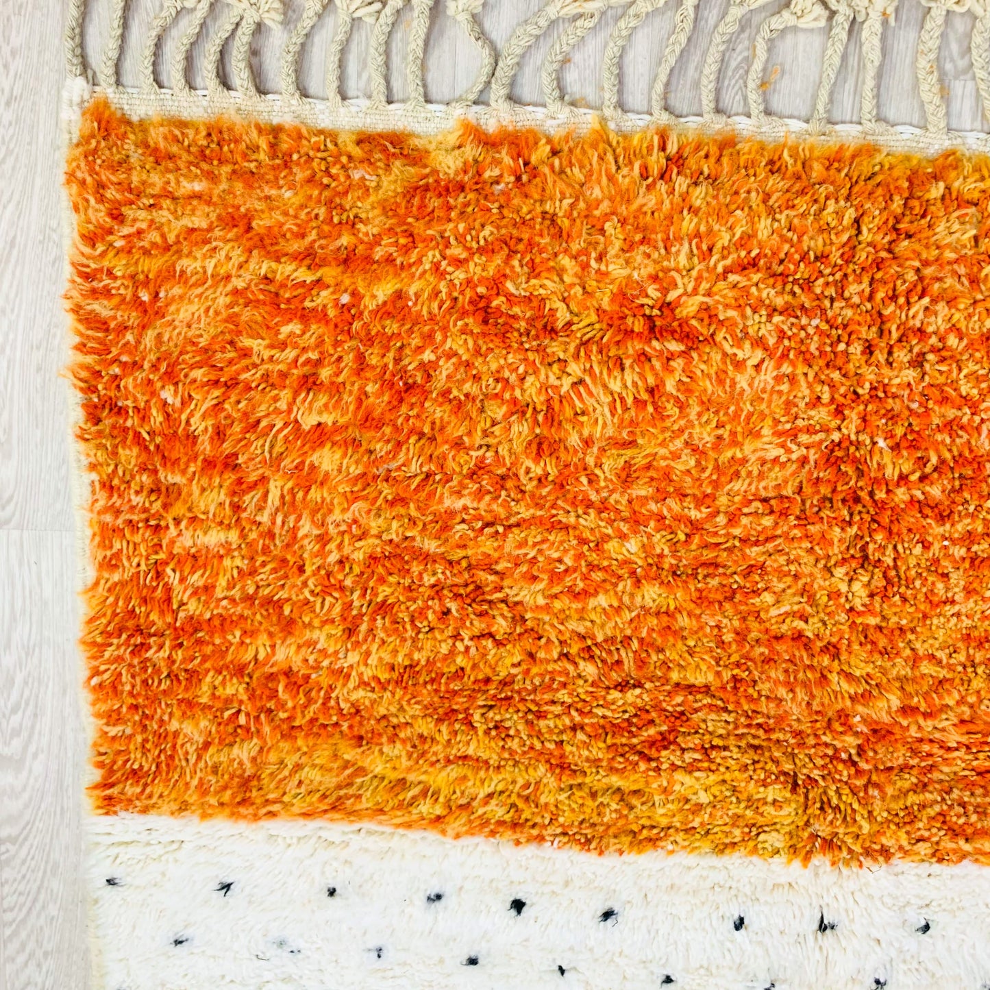Handmade Moroccan Shag Rug, Vibrant Orange and Dotted White Design
