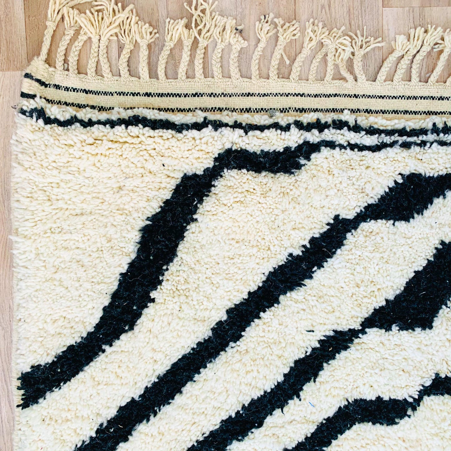 Handmade Moroccan Wool Shag Rug with Zebra Pattern