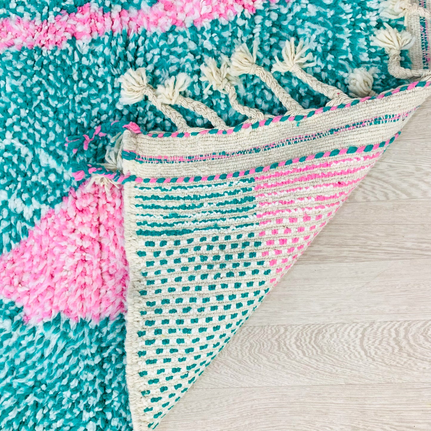 Handwoven Moroccan Shag Rug, Pink and Green Abstract Design