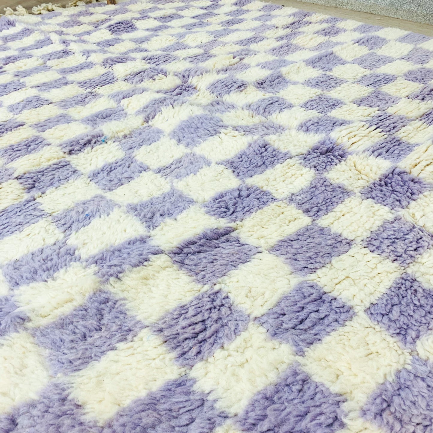 Moroccan Purple Checkered rug, Soft Wool Shag Checker Rug