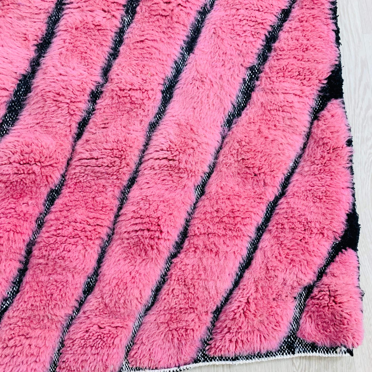 Handtufted Moroccan Shag Rug - Pink with Black Striped Pattern