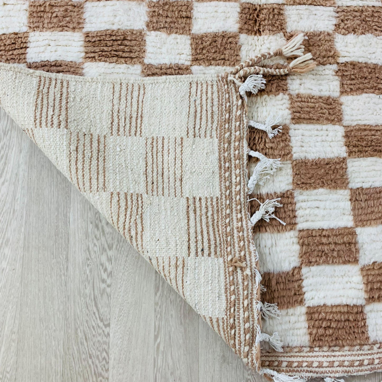 Moroccan Beige and White Checkered Rug, Shag White Rug