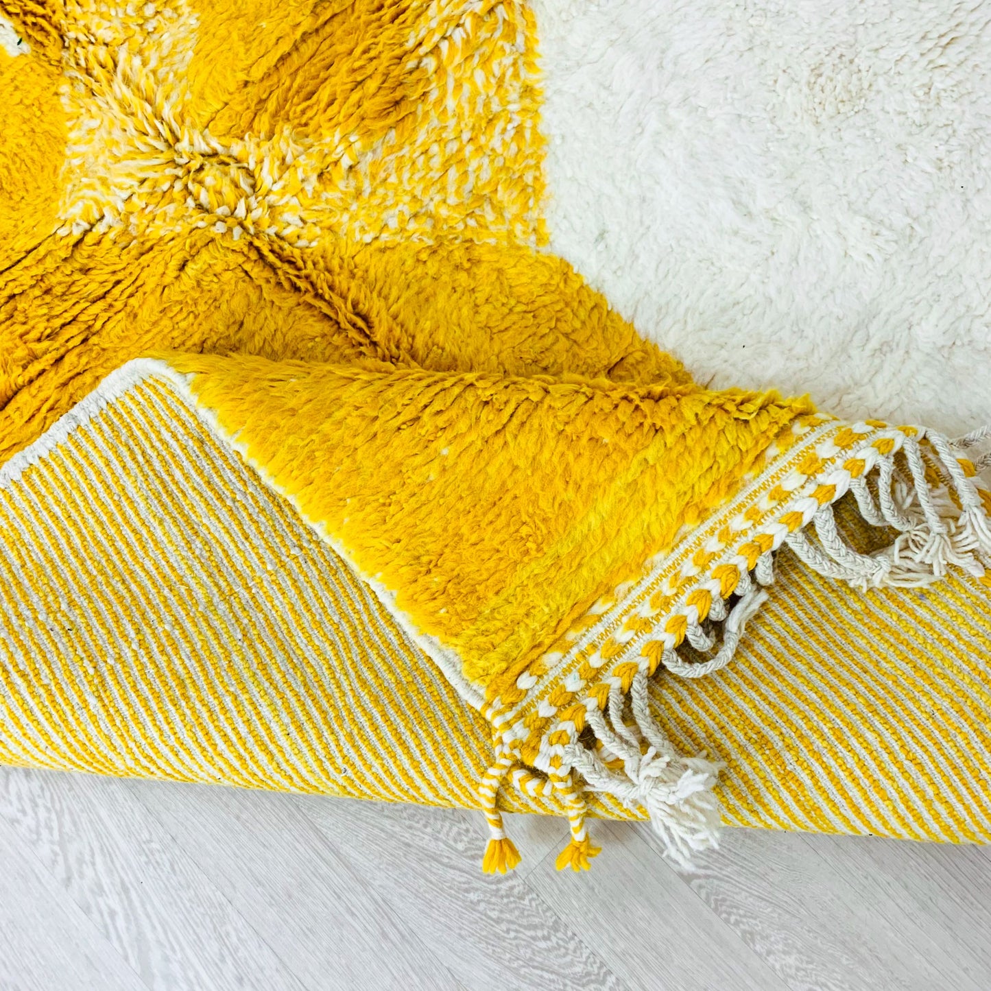 Moroccan Shag Rug - Yellow and White with Geometric Design