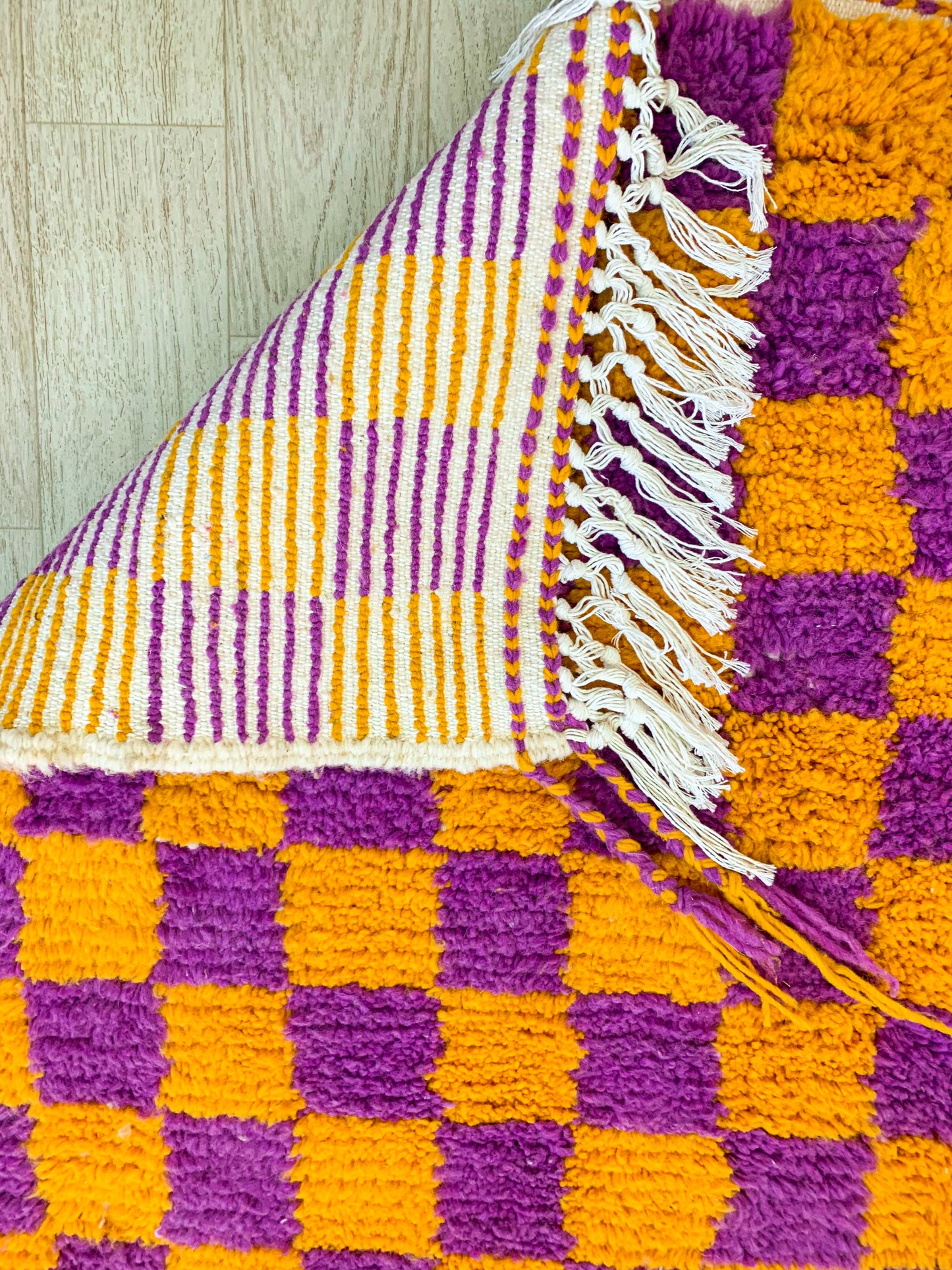 Moroccan Orange and Purple Beni Ouarain Checkered Rug