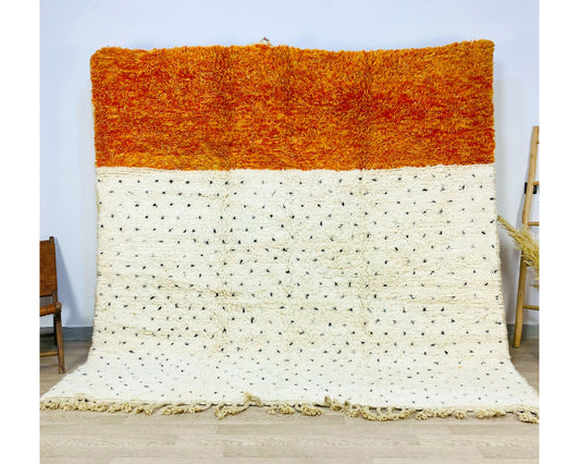 Handmade Moroccan Shag Rug, Vibrant Orange and Dotted White Design