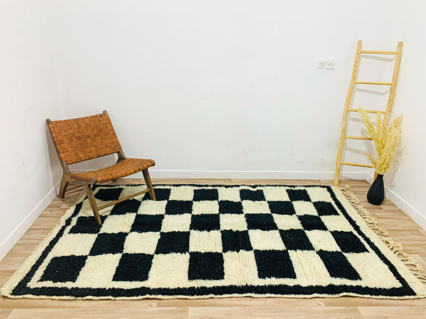 Black and White Checkered Moroccan Rug, Bold Check Pattern