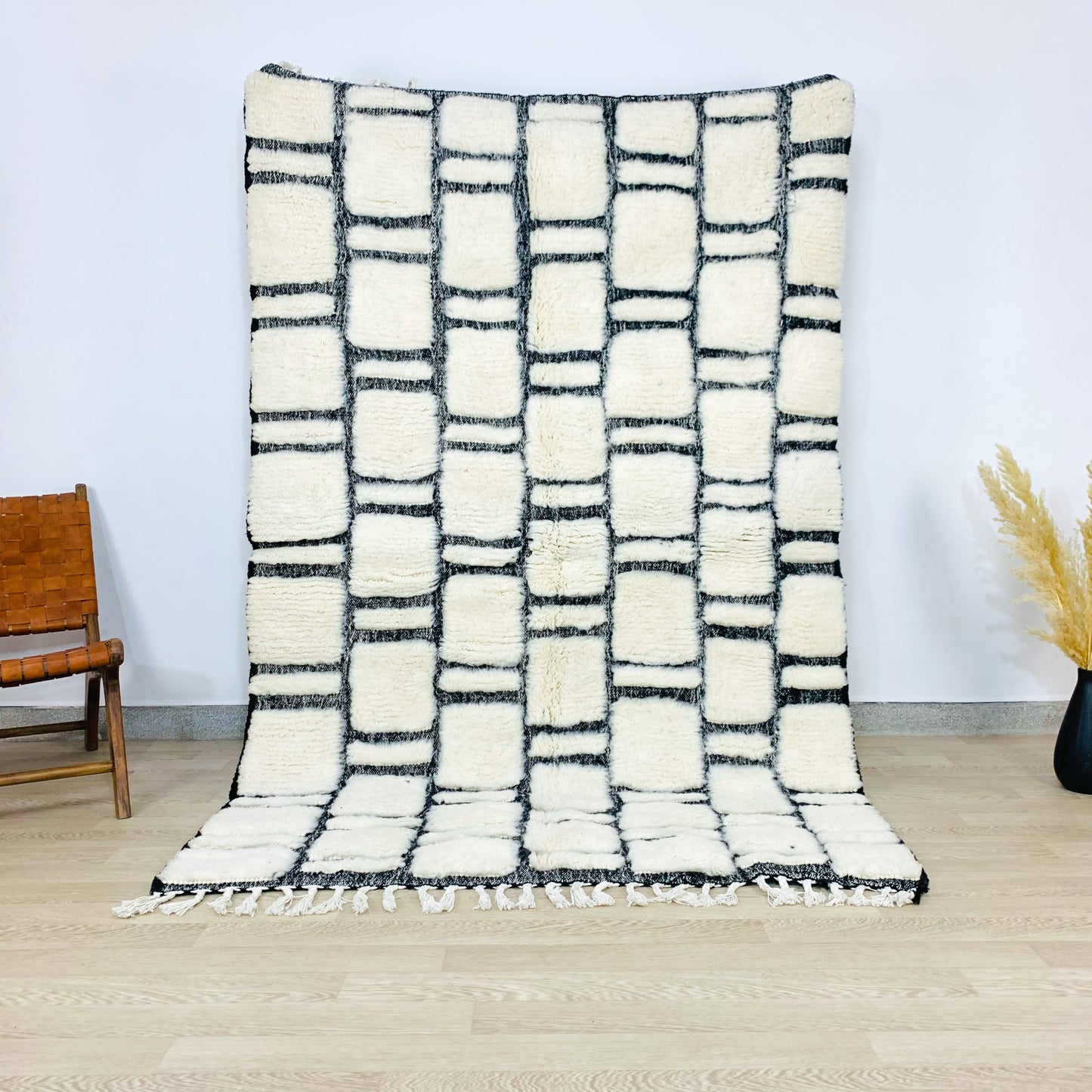 White Moroccan Shag Rug, Handtufted with Black Checkered Pattern