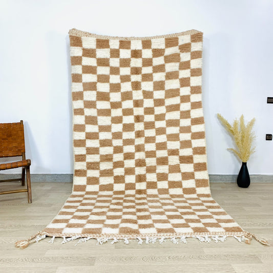 Moroccan Beige and White Checkered Rug, Shag White Rug