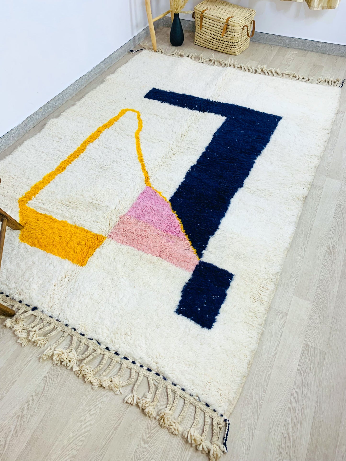 White Moroccan Shag Rug, Modern Abstract Colorful Design