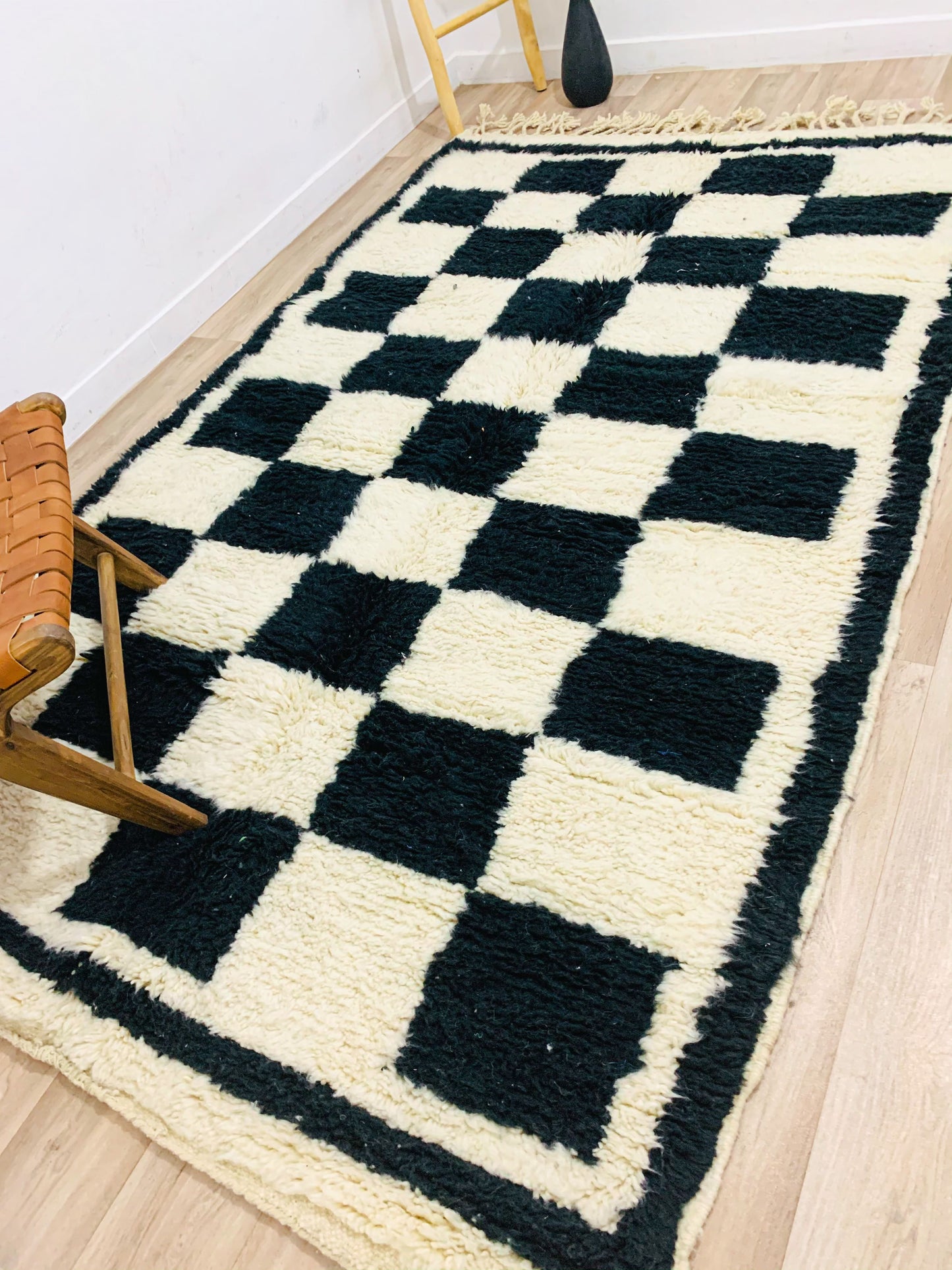 Black and White Checkered Moroccan Rug, Bold Check Pattern