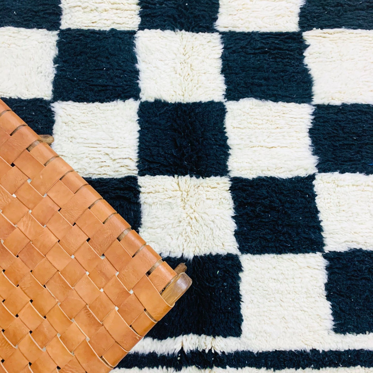 Black and White Checkered Moroccan Rug, Bold Check Pattern