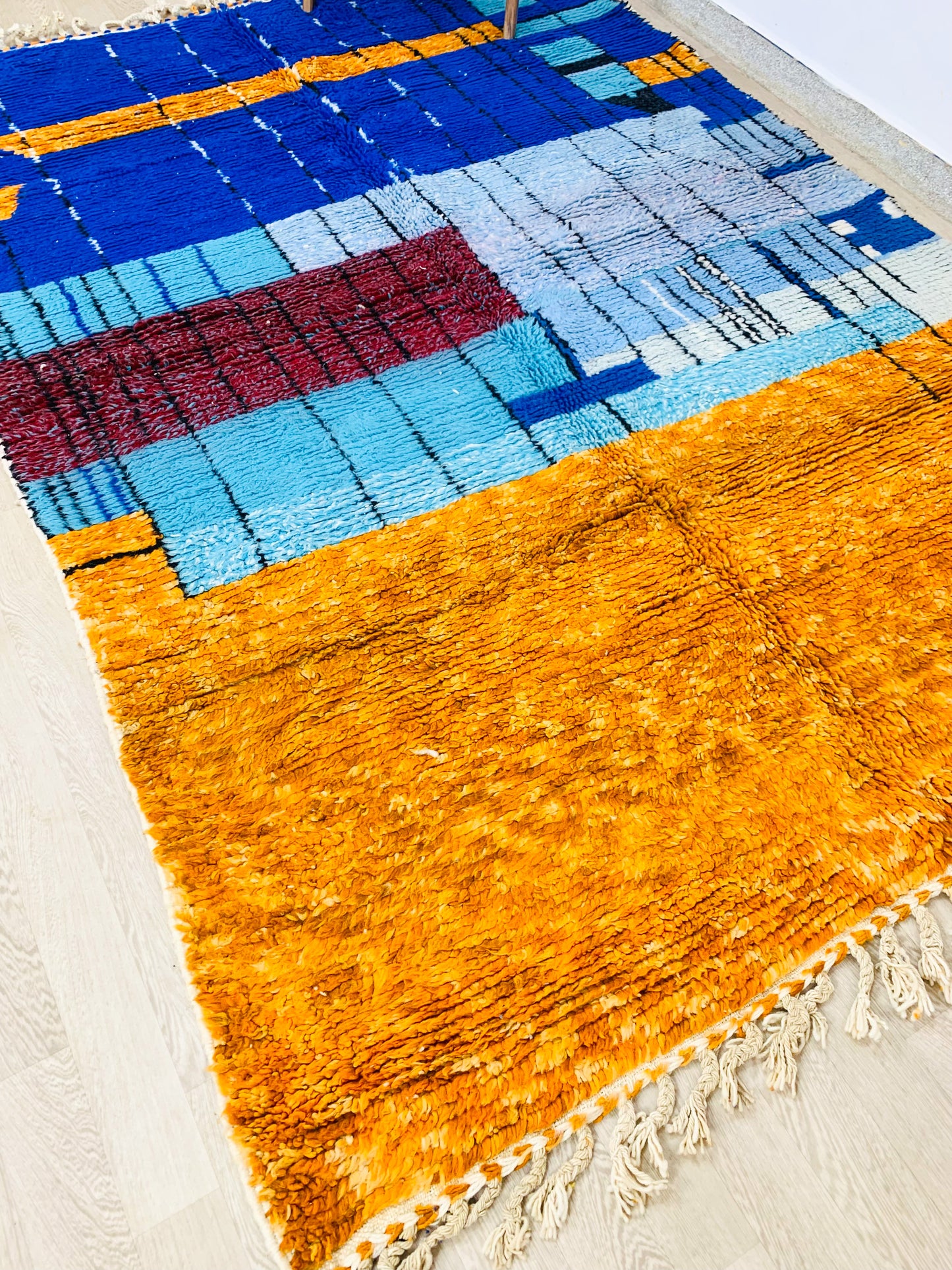 Blue and Orange Moroccan Rug, Vibrant Abstract Design