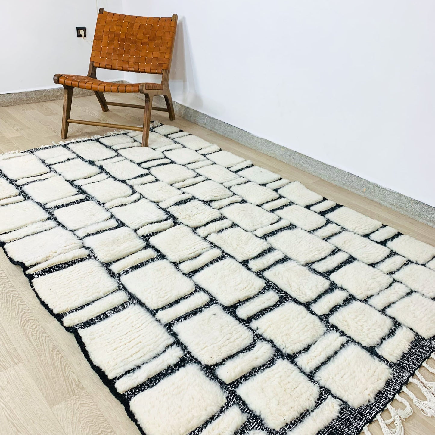 White Moroccan Shag Rug, Handtufted with Black Checkered Pattern