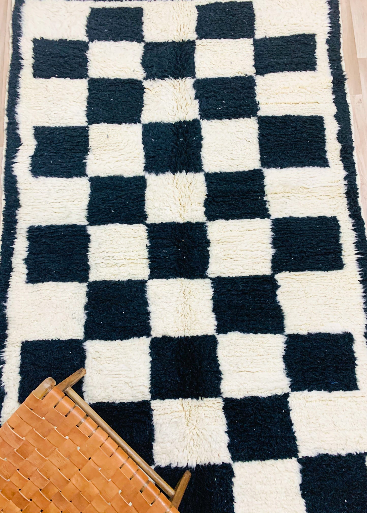 Black and White Checkered Moroccan Rug, Bold Check Pattern