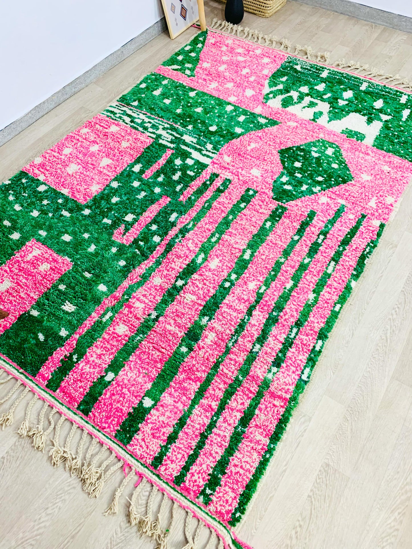 Handmade Moroccan Shag Rug, Vibrant Pink and Green Design