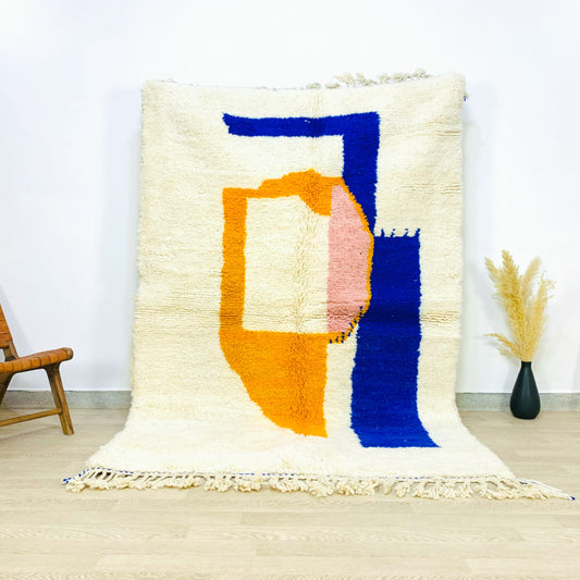 White Moroccan Shag Rug, Modern Abstract Colorful Design