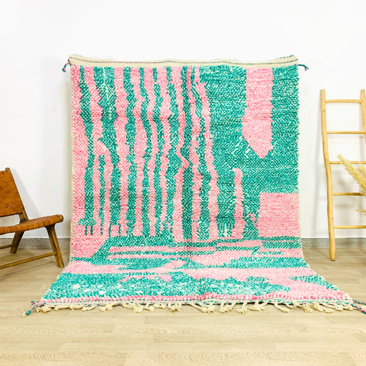 Handwoven Moroccan Shag Rug, Pink and Green Abstract Design