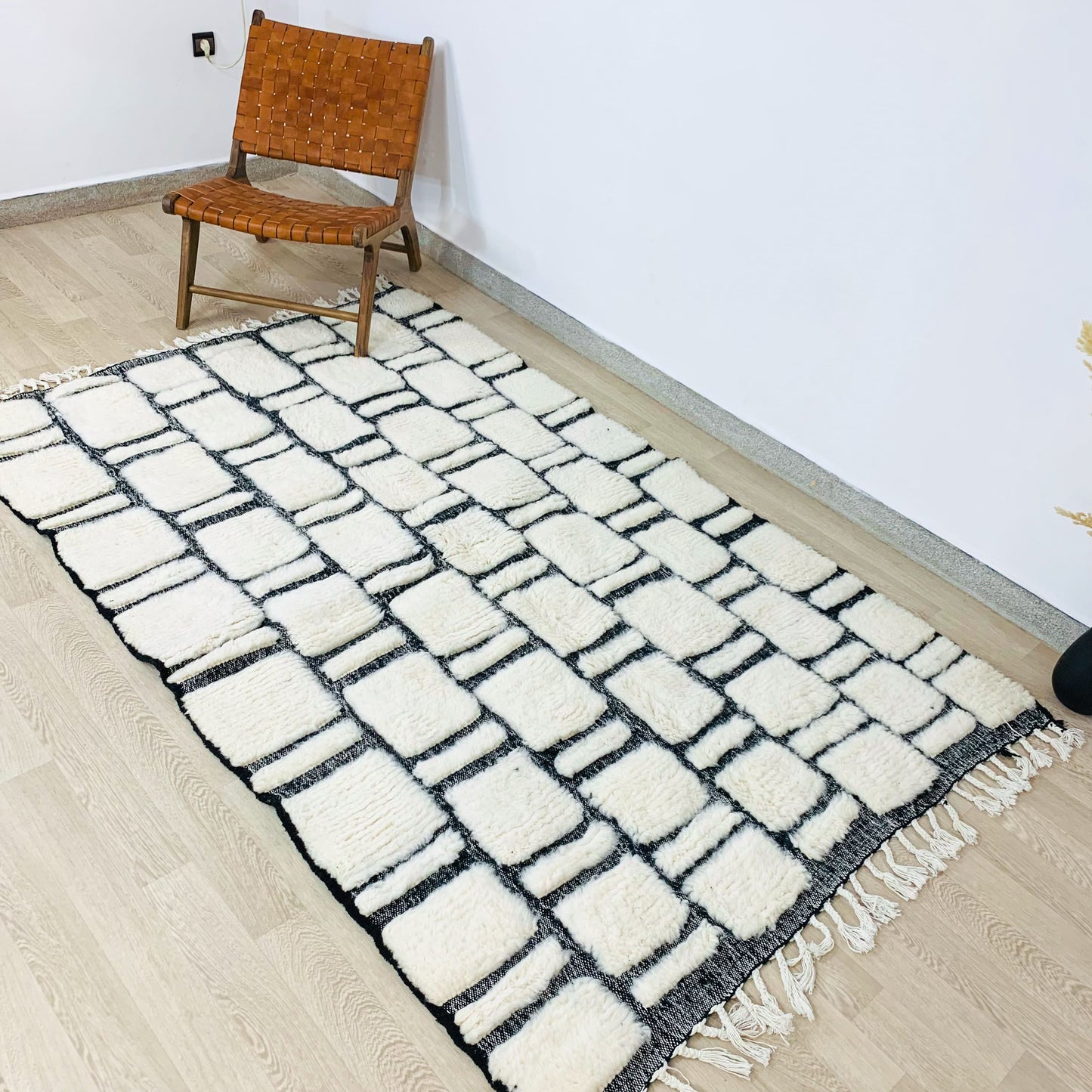 White Moroccan Shag Rug, Handtufted with Black Checkered Pattern