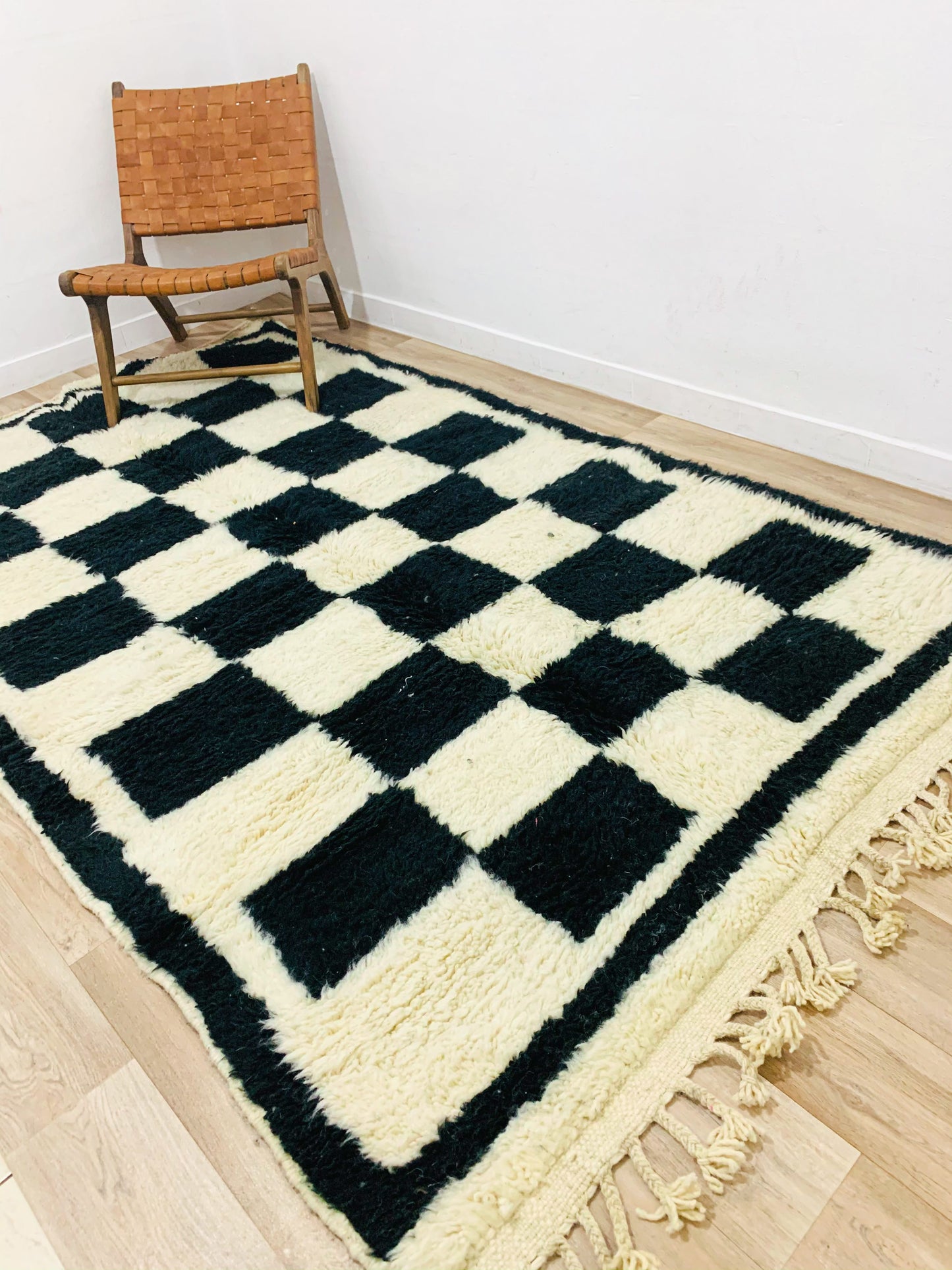 Black and White Checkered Moroccan Rug, Bold Check Pattern