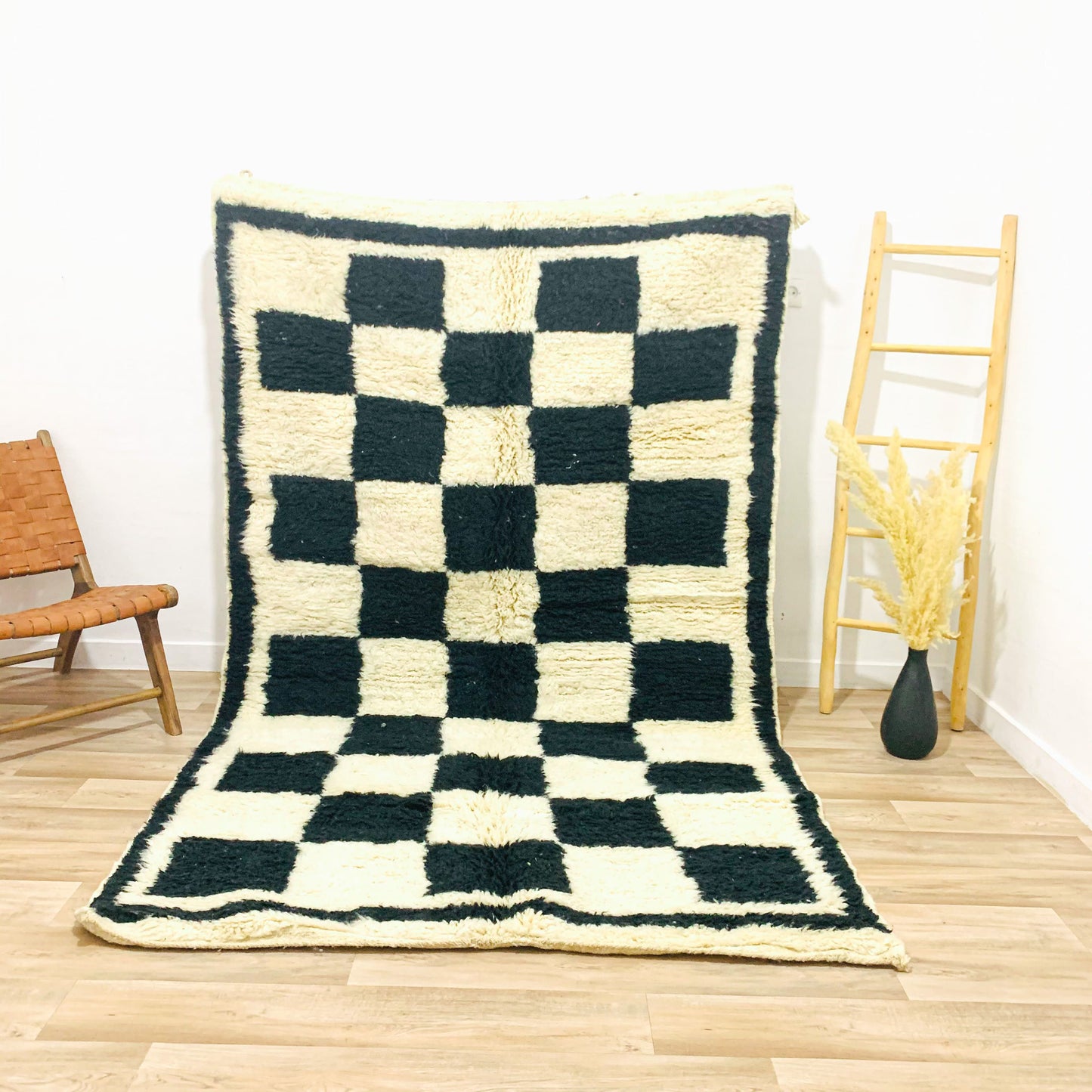 Black and White Checkered Moroccan Rug, Bold Check Pattern