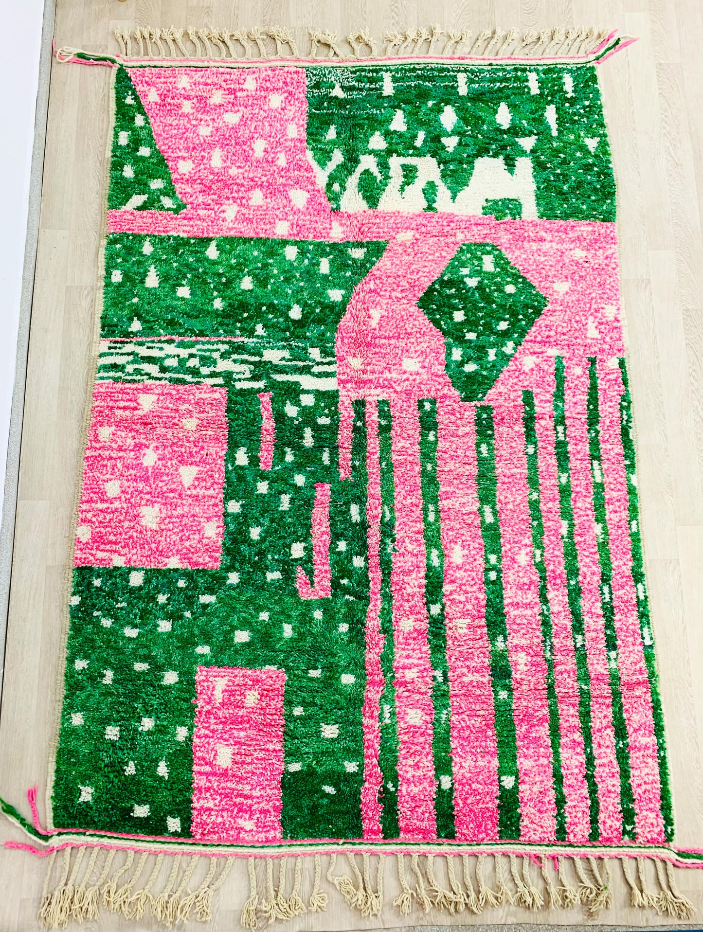 Handmade Moroccan Shag Rug, Vibrant Pink and Green Design