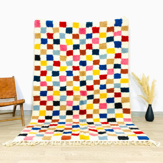 Colorful Moroccan Checkered Rug, Handwoven Shag Rug
