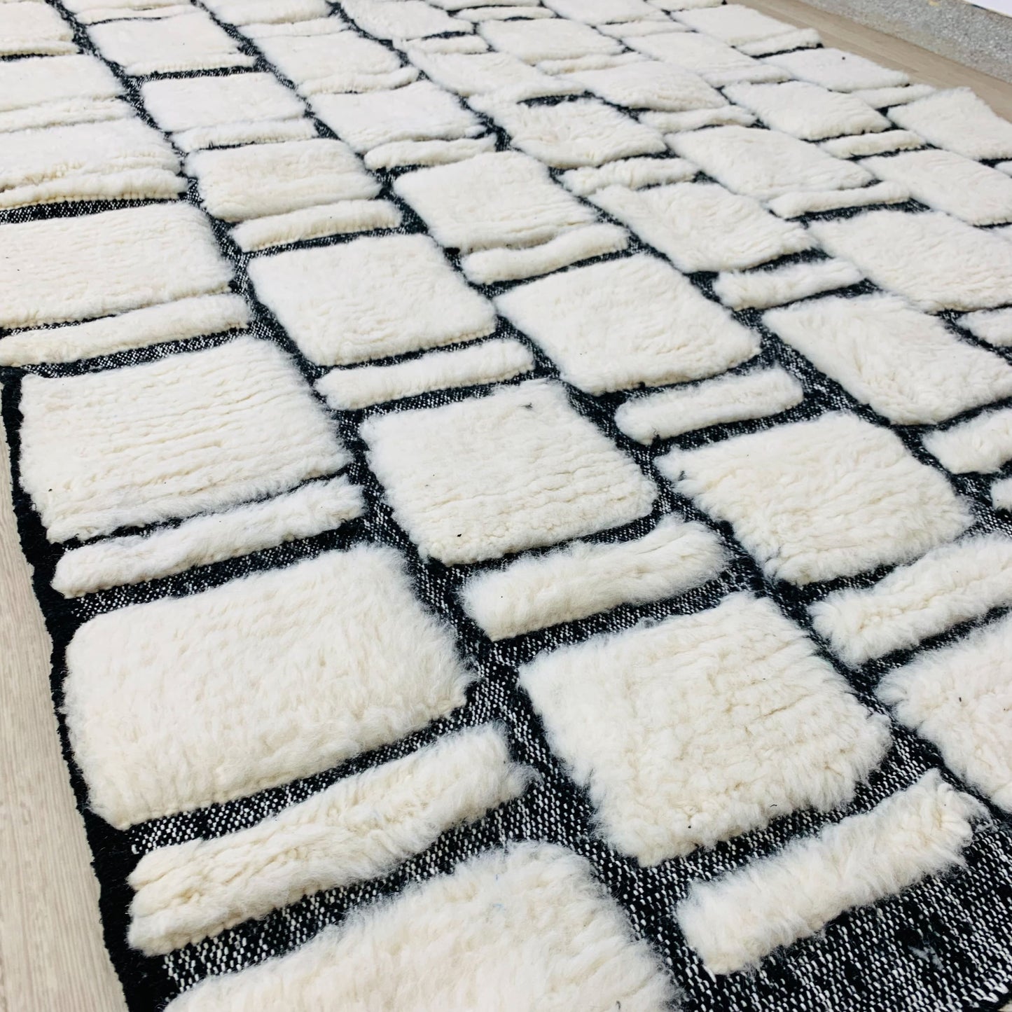 White Moroccan Shag Rug, Handtufted with Black Checkered Pattern