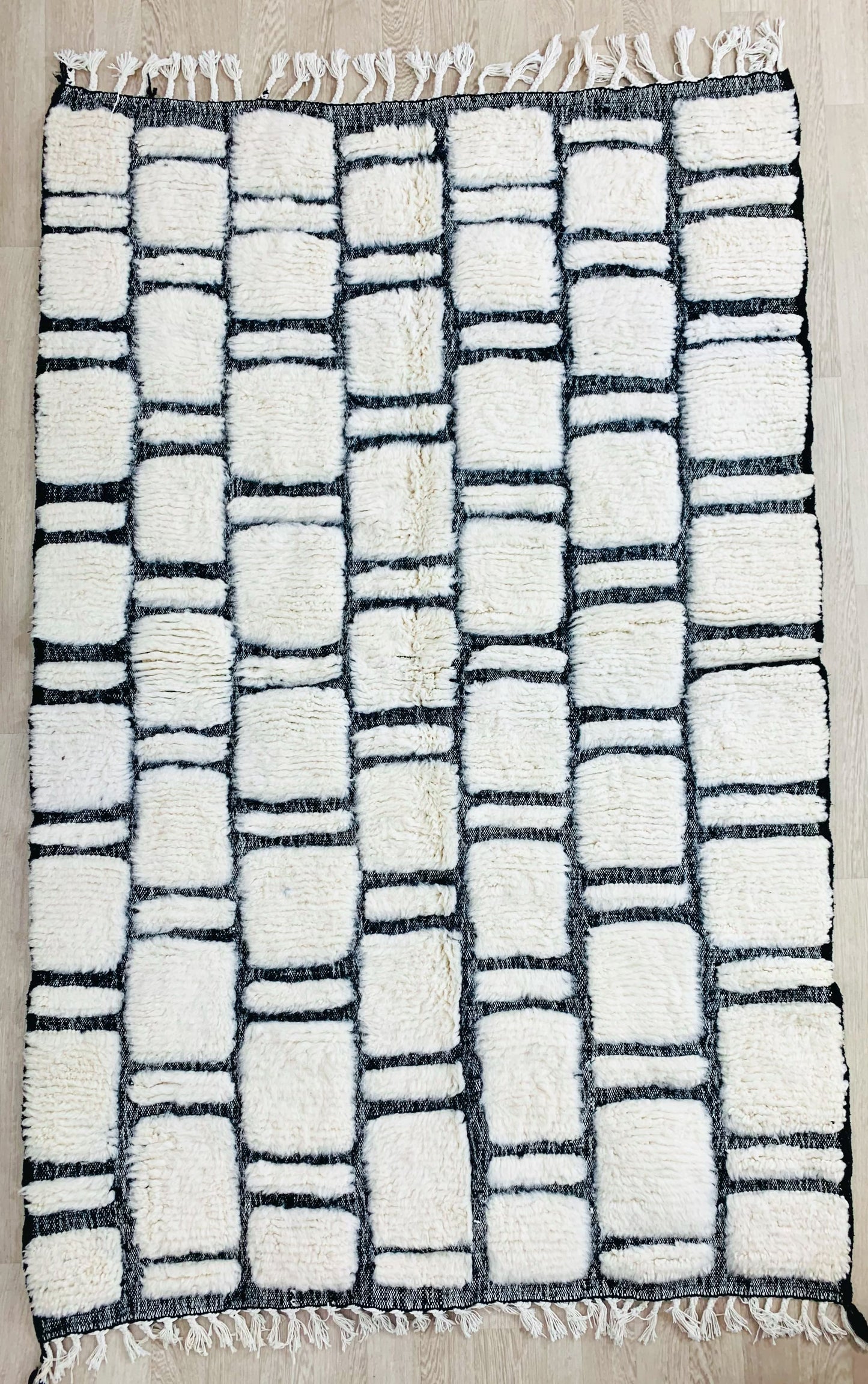 White Moroccan Shag Rug, Handtufted with Black Checkered Pattern