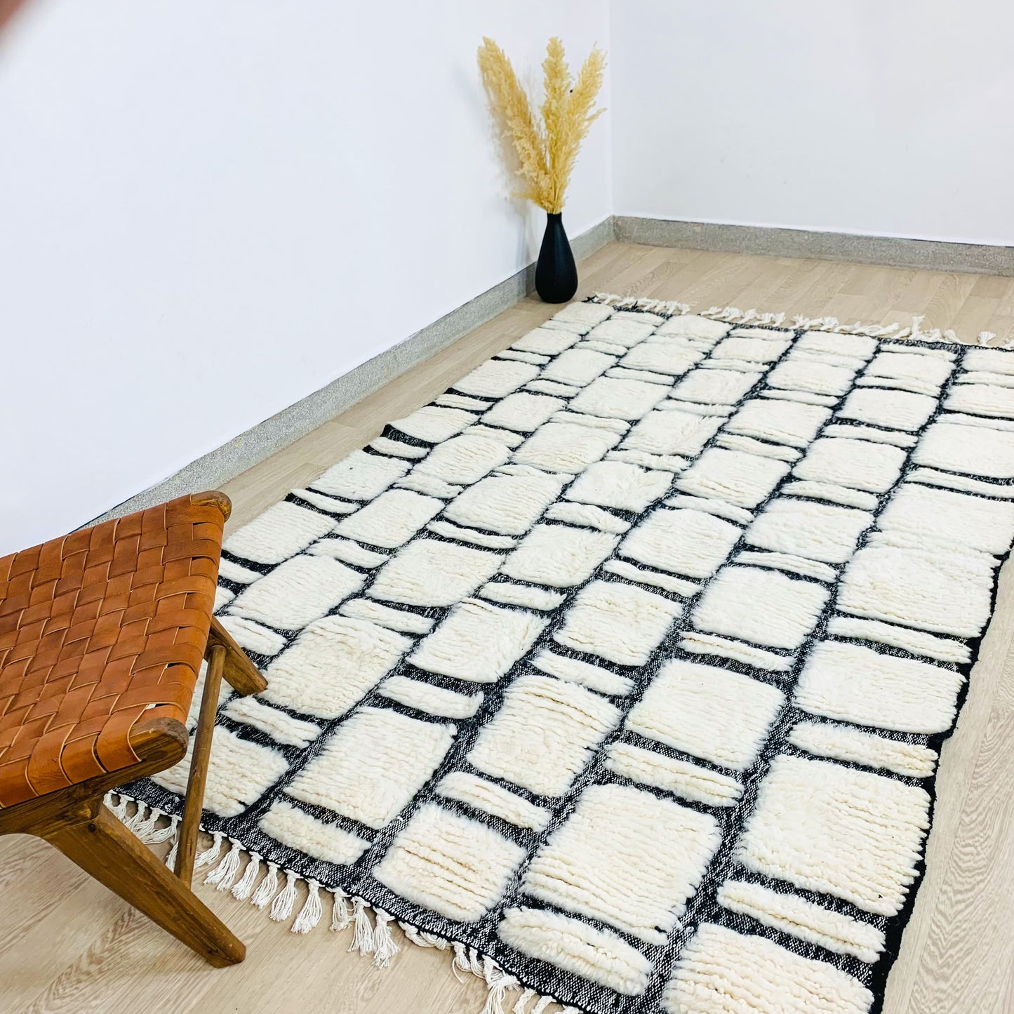 White Moroccan Shag Rug, Handtufted with Black Checkered Pattern