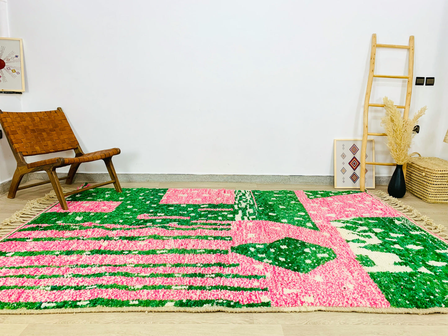 Handmade Moroccan Shag Rug, Vibrant Pink and Green Design