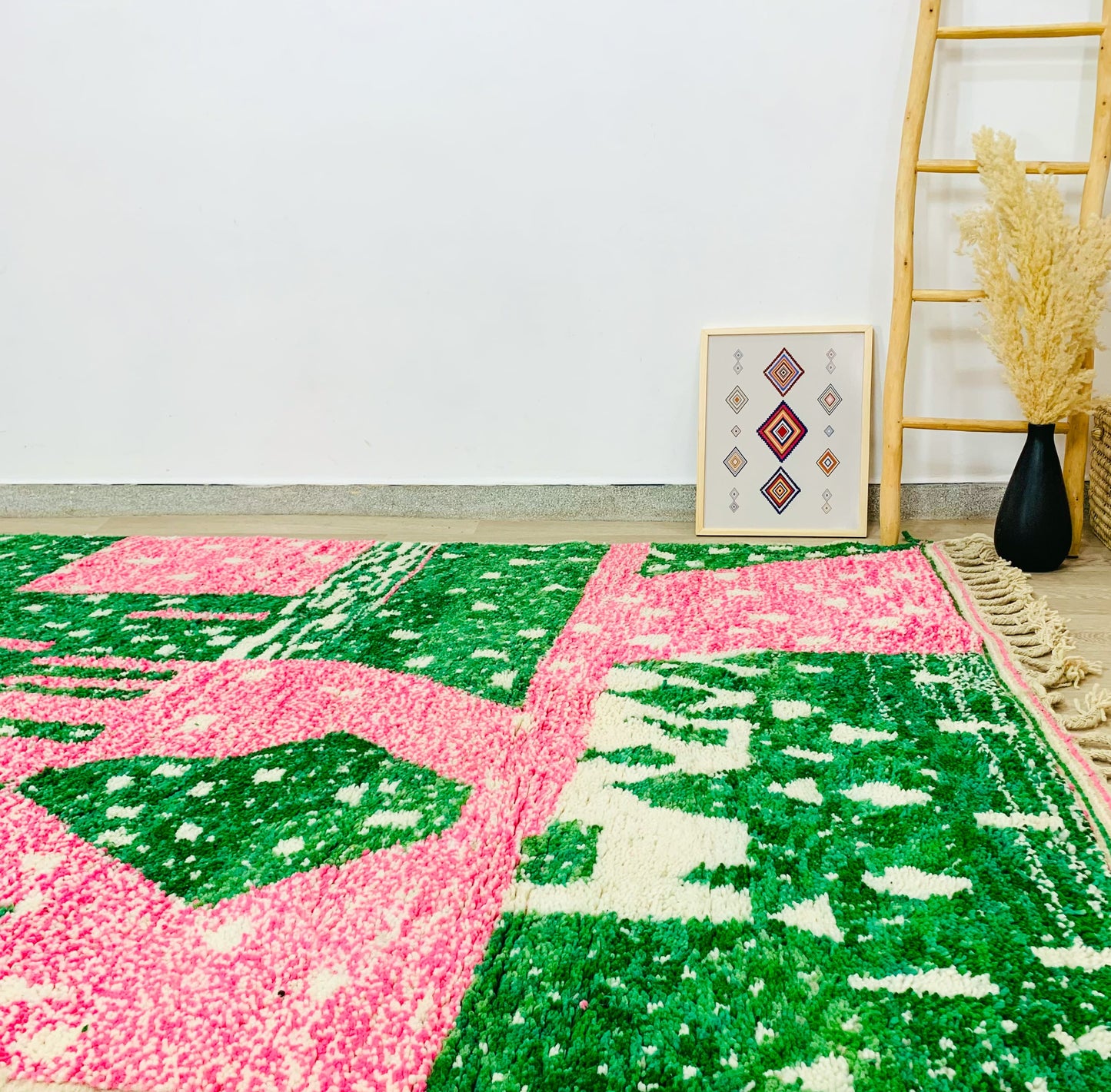 Handmade Moroccan Shag Rug, Vibrant Pink and Green Design