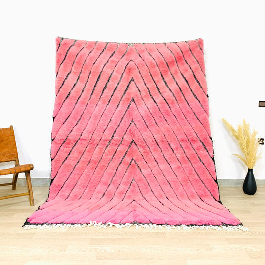 Handtufted Moroccan Shag Rug - Pink with Black Striped Pattern