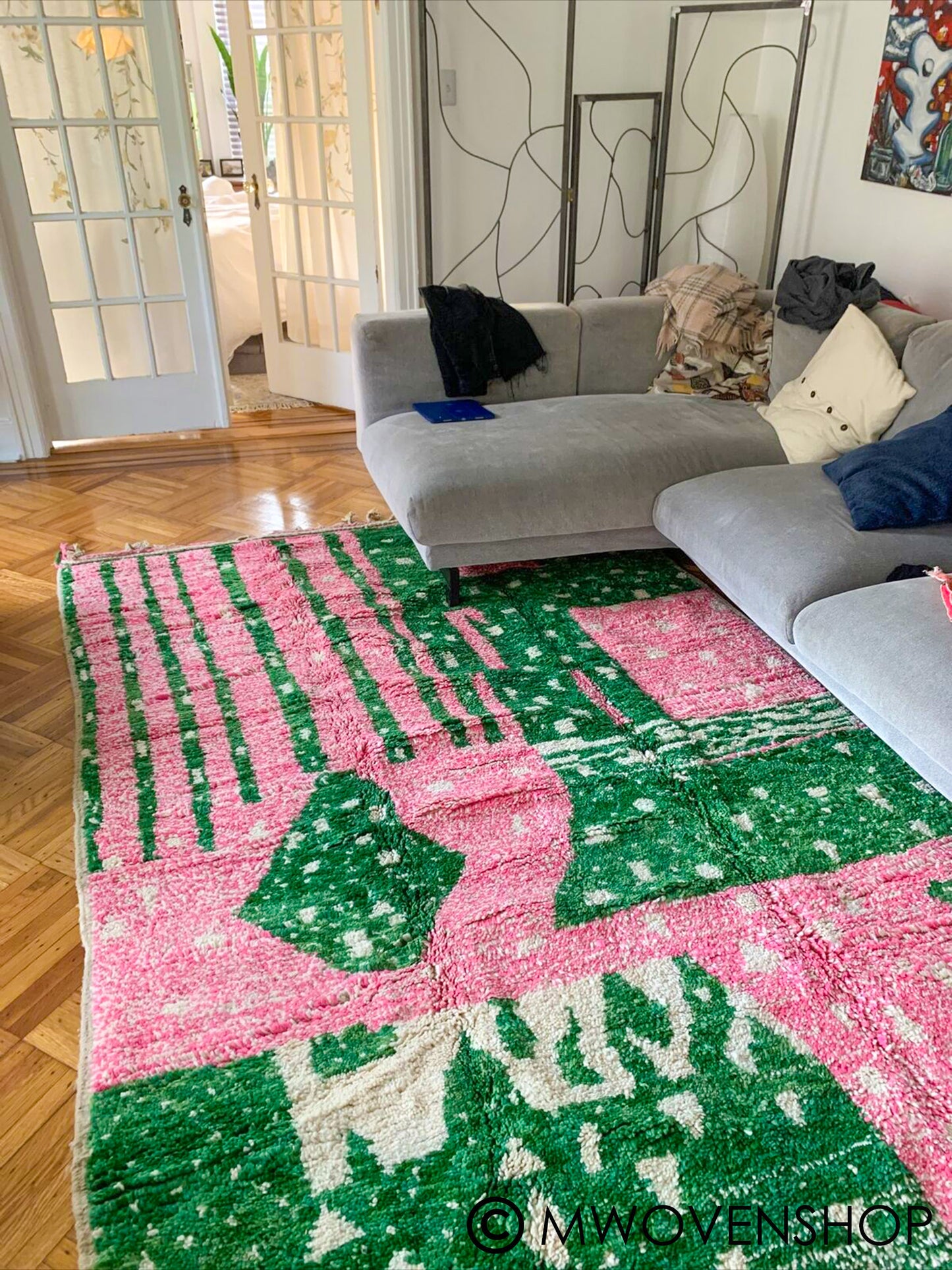 Handmade Moroccan Shag Rug, Vibrant Pink and Green Design