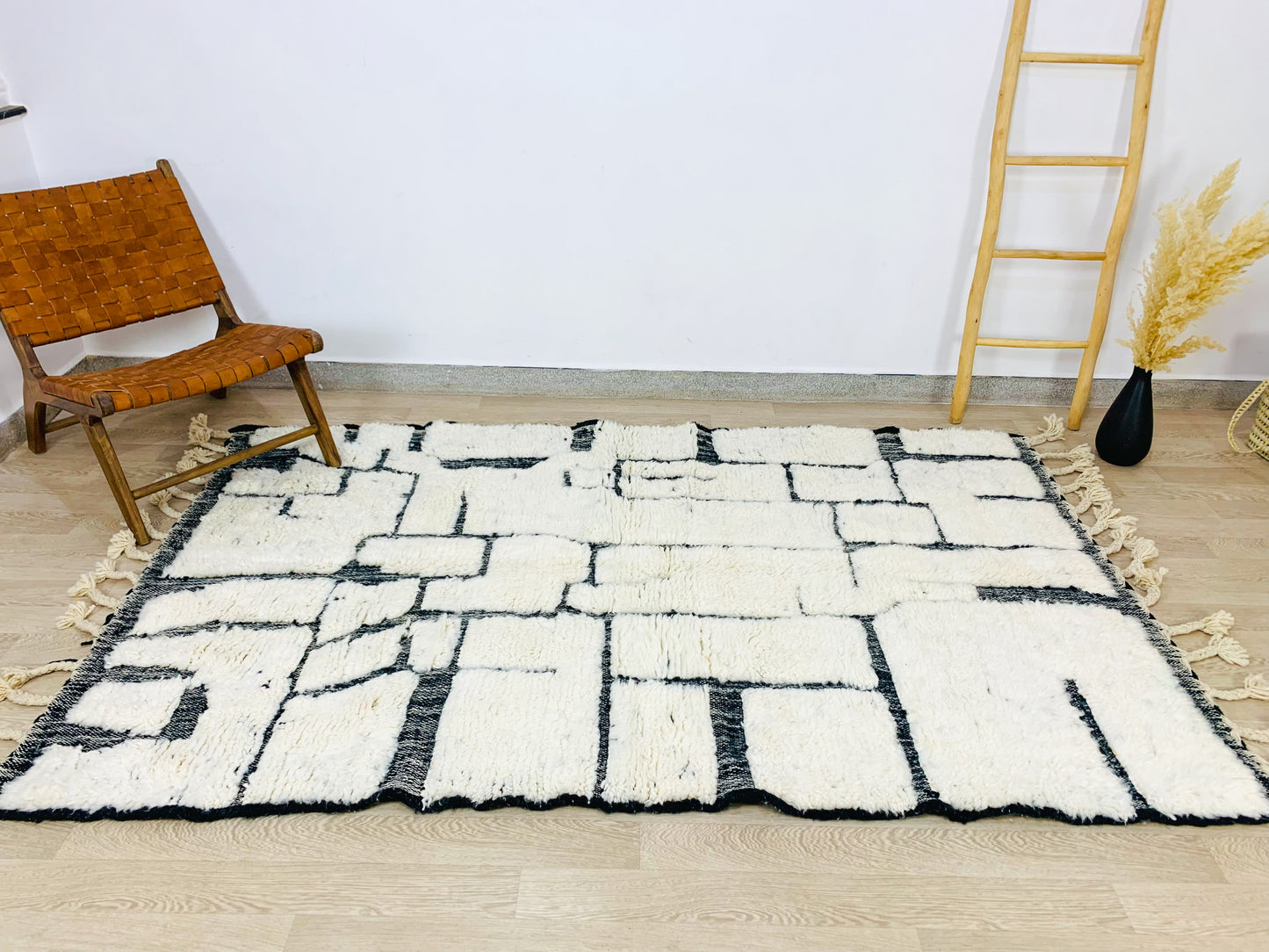 White Moroccan Shag Rug, Handtufted Black Geometric Pattern