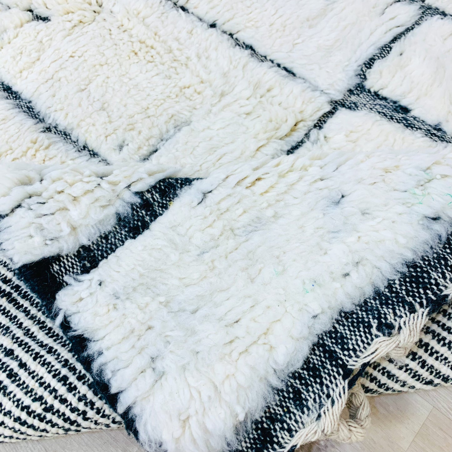 White Moroccan Shag Rug, Handtufted Black Geometric Pattern