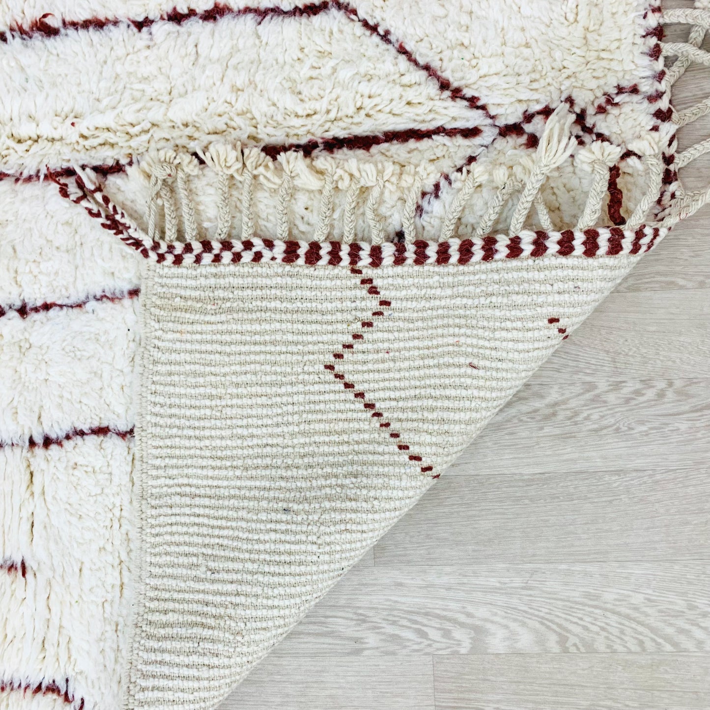 White Moroccan Shag Rug with Brown Geometric Pattern