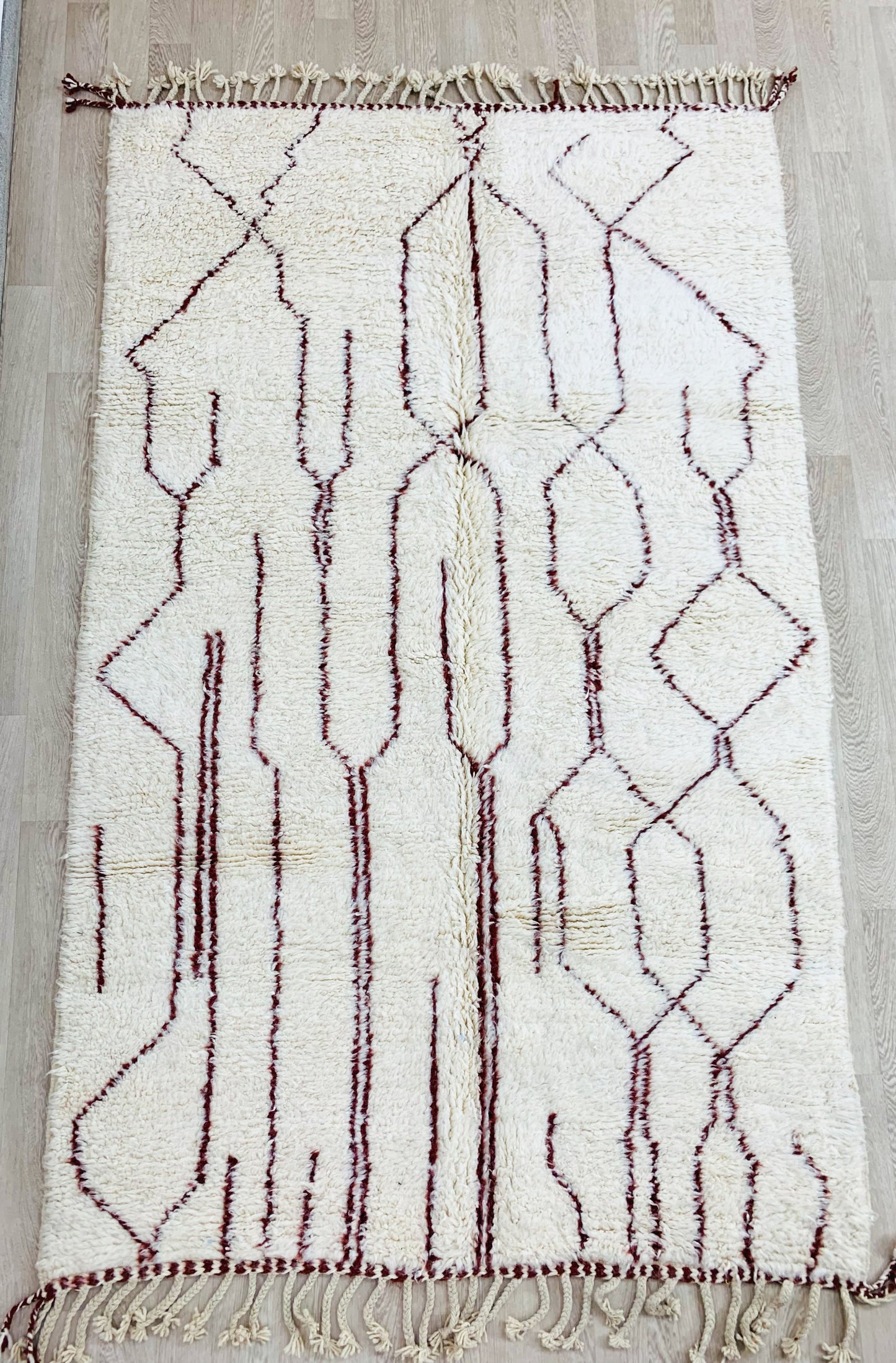 White Moroccan Shag Rug with Brown Geometric Pattern