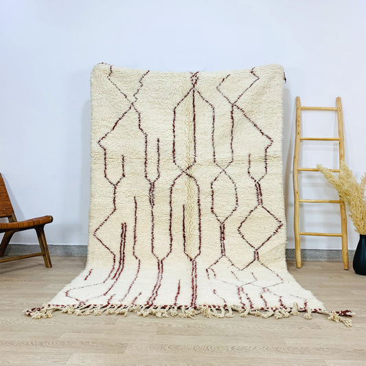 White Moroccan Shag Rug with Brown Geometric Pattern