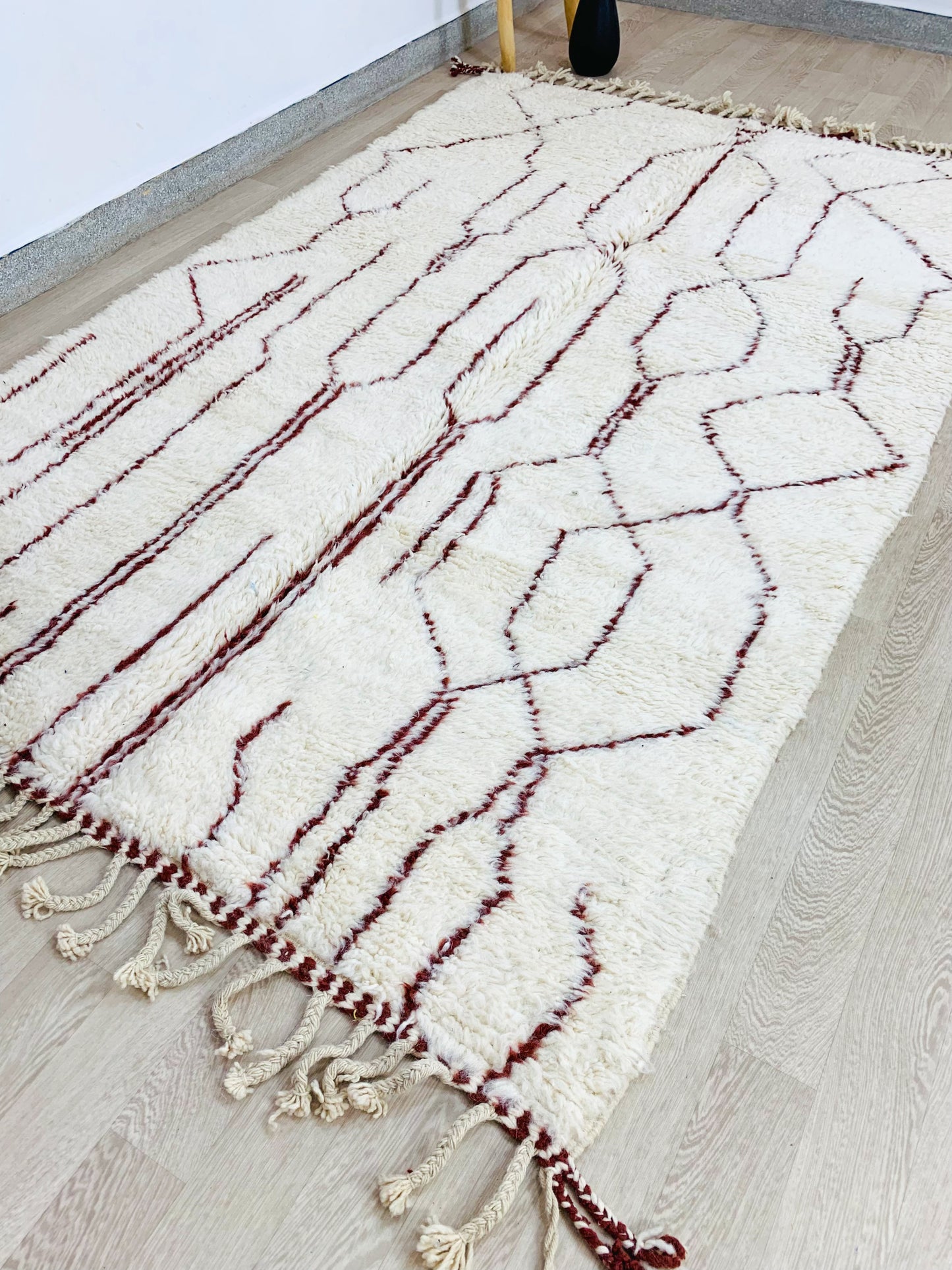 White Moroccan Shag Rug with Brown Geometric Pattern