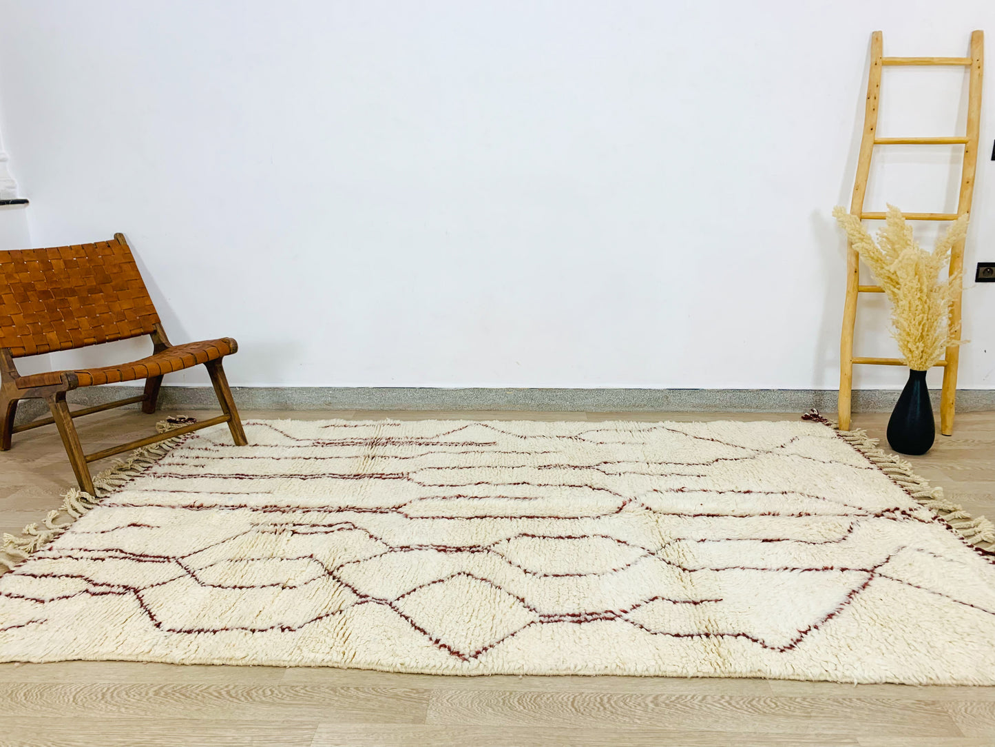 White Moroccan Shag Rug with Brown Geometric Pattern