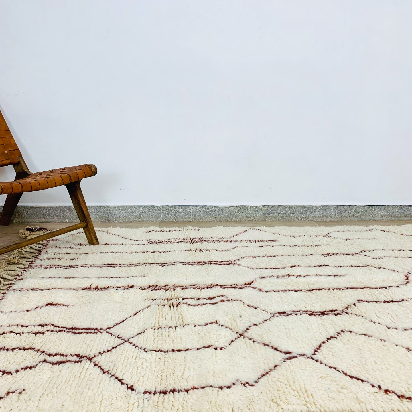 White Moroccan Shag Rug with Brown Geometric Pattern