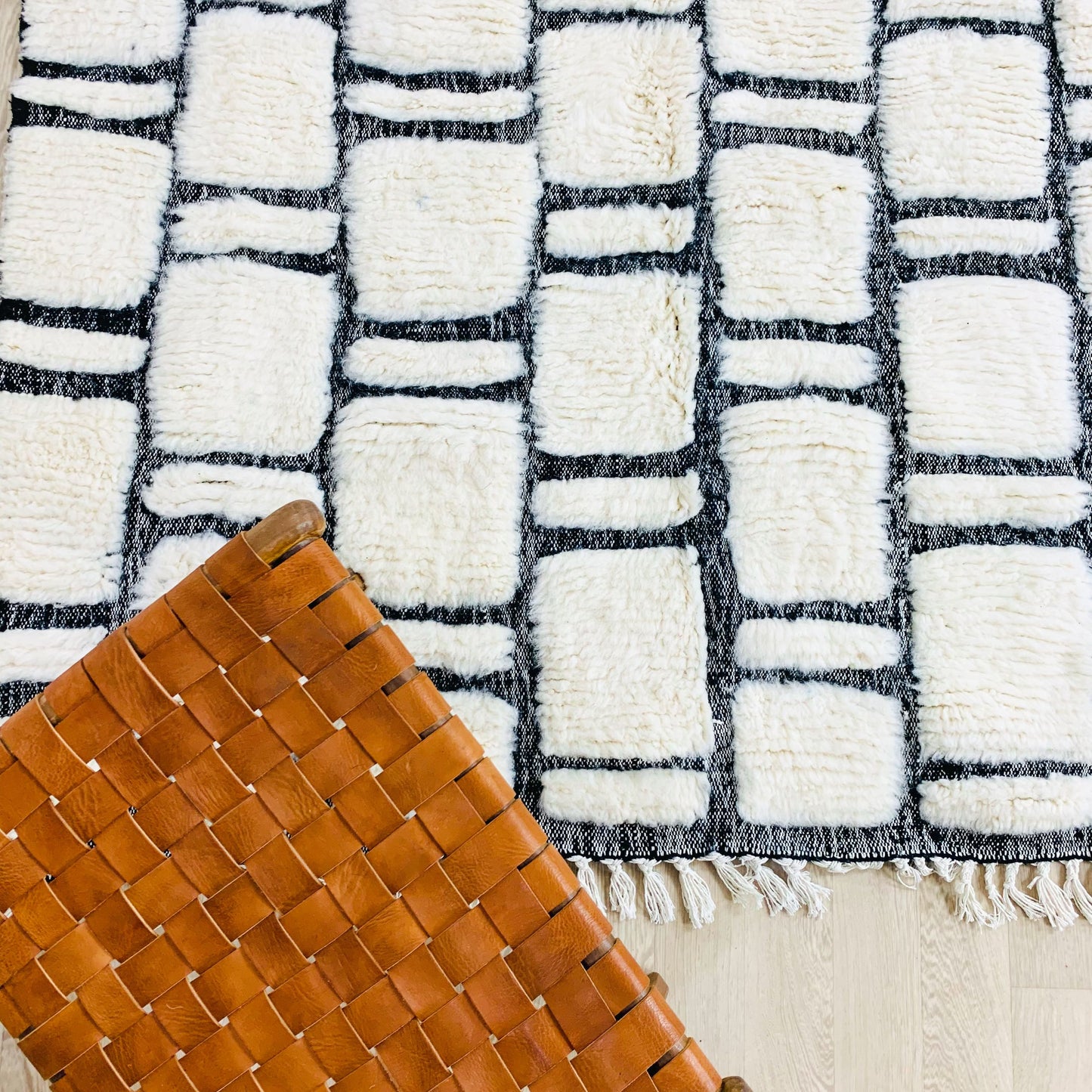 White Moroccan Shag Rug, Handtufted with Black Checkered Pattern