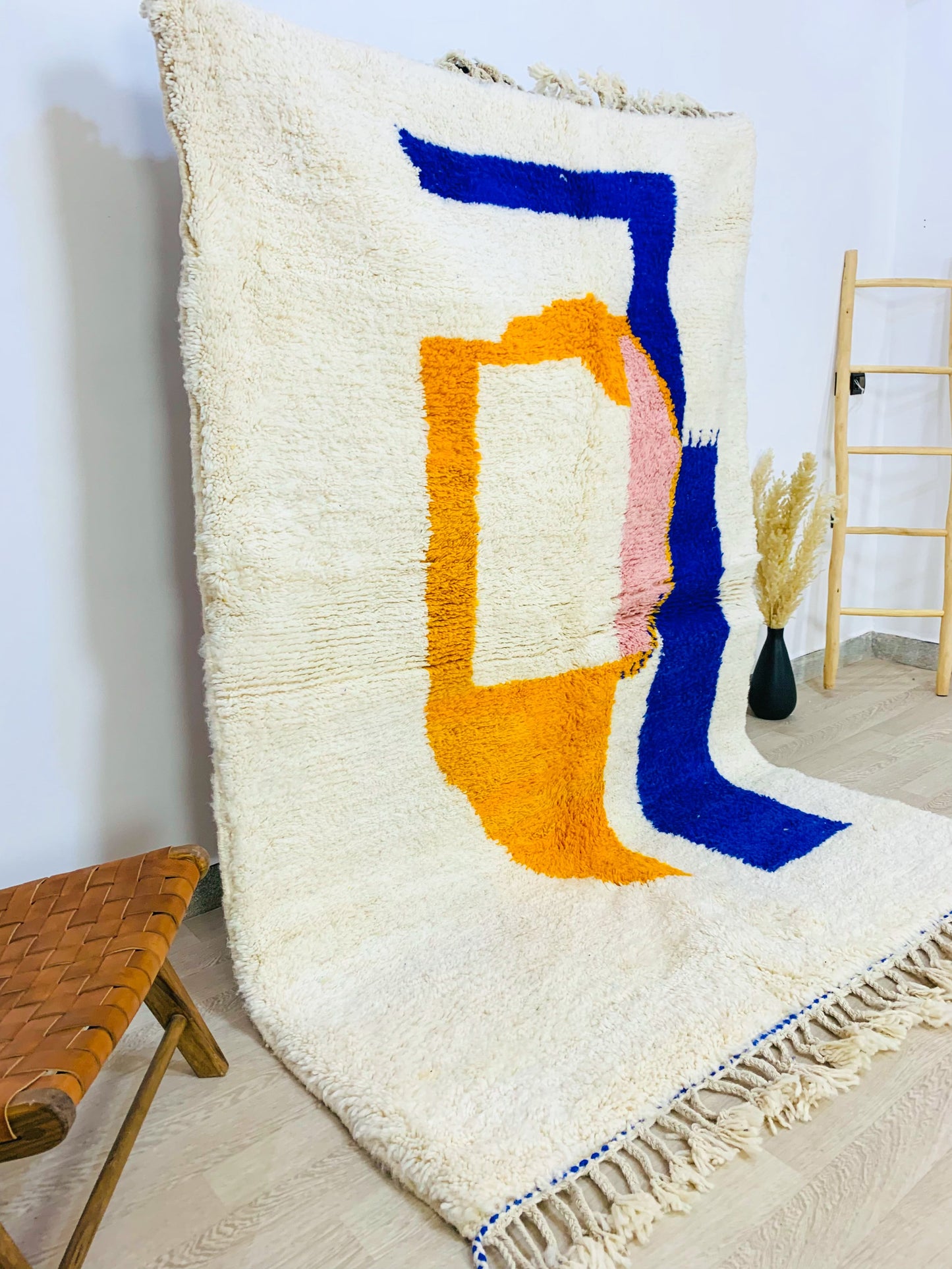 White Moroccan Shag Rug, Modern Abstract Colorful Design