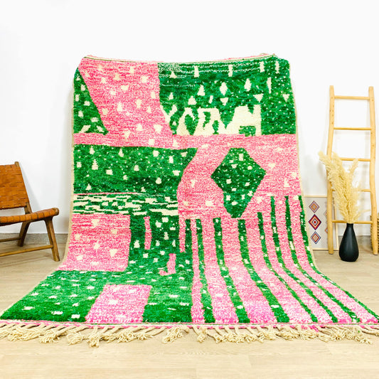 Handmade Moroccan Shag Rug, Vibrant Pink and Green Design