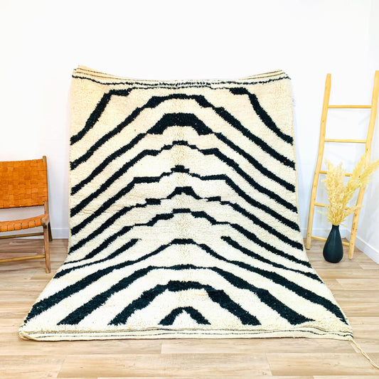 Handmade Moroccan Wool Shag Rug with Zebra Pattern