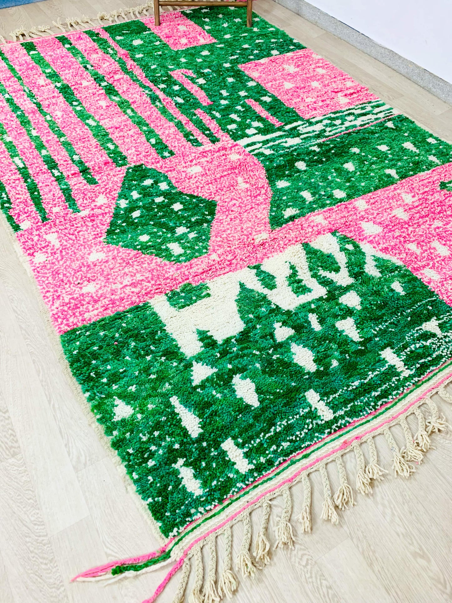 Handmade Moroccan Shag Rug, Vibrant Pink and Green Design