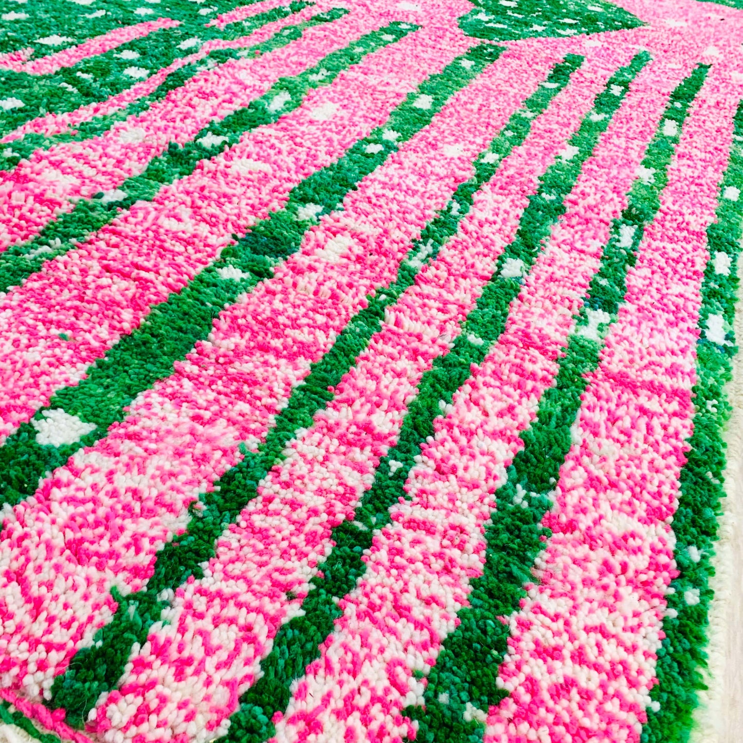 Handmade Moroccan Shag Rug, Vibrant Pink and Green Design