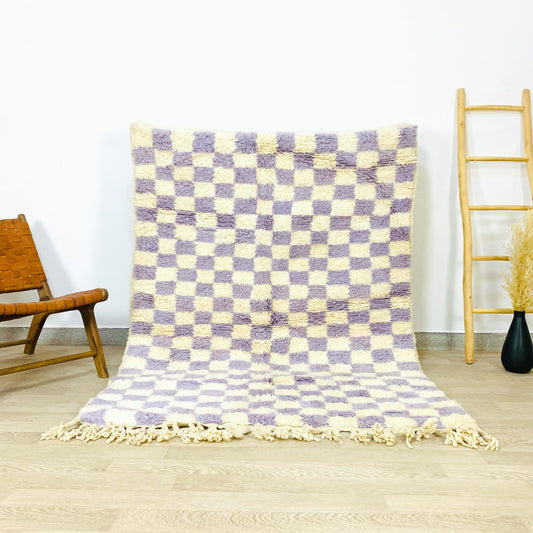 Moroccan Purple Checkered rug, Soft Wool Shag Checker Rug