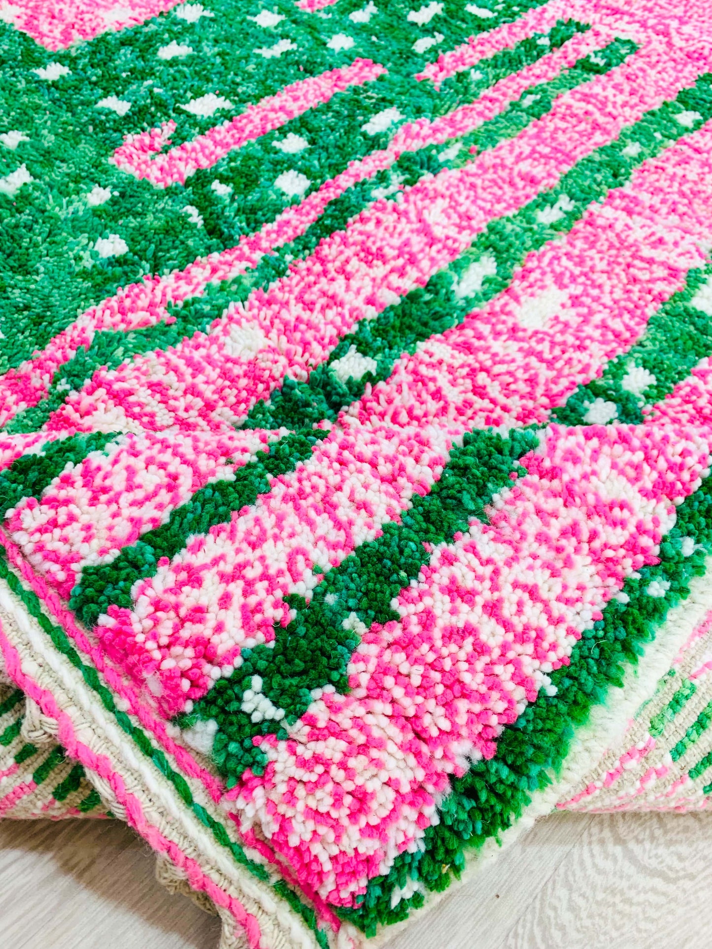 Handmade Moroccan Shag Rug, Vibrant Pink and Green Design