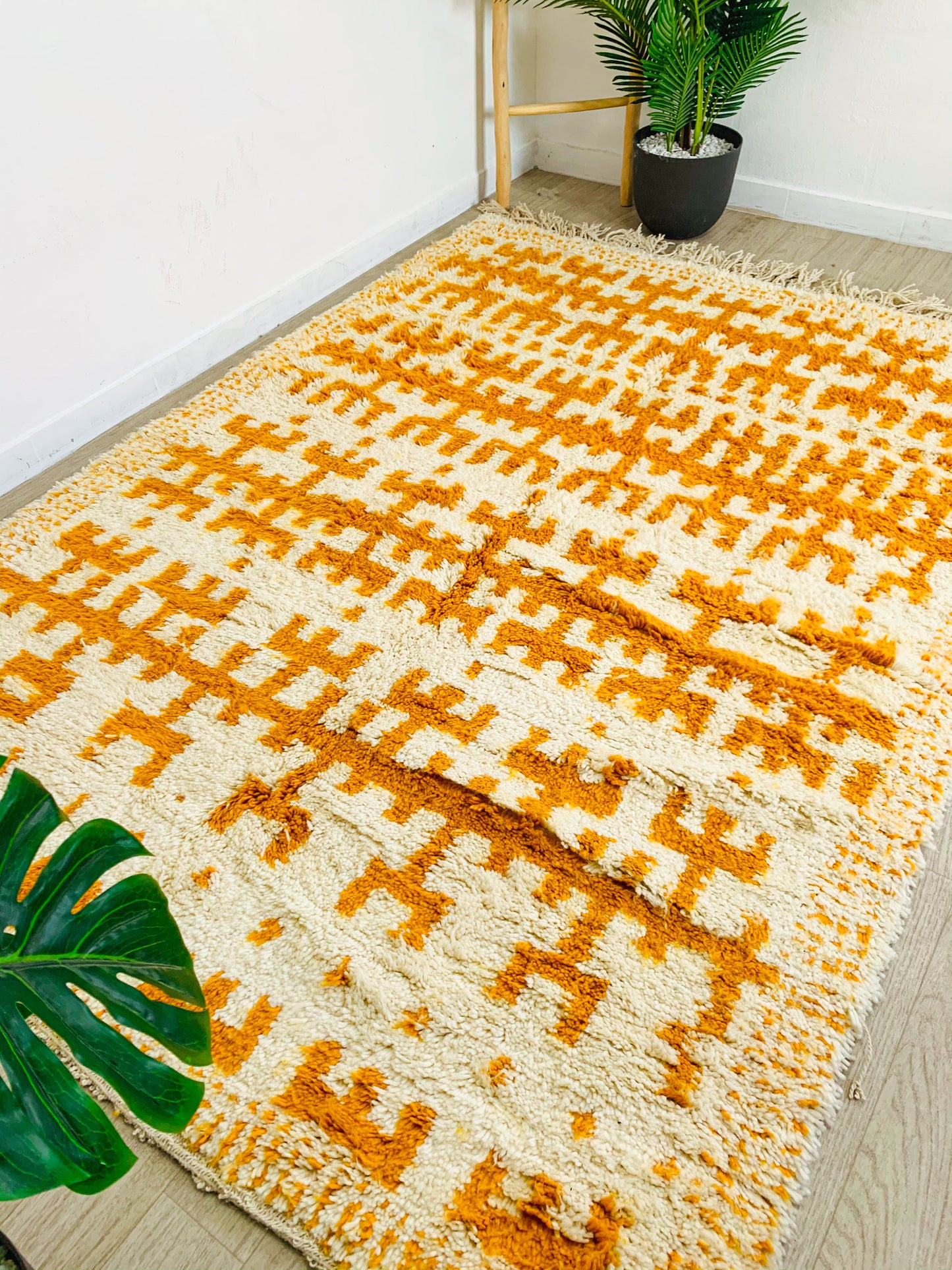 Moroccan White and Yellow Beni Ouarain  Rug